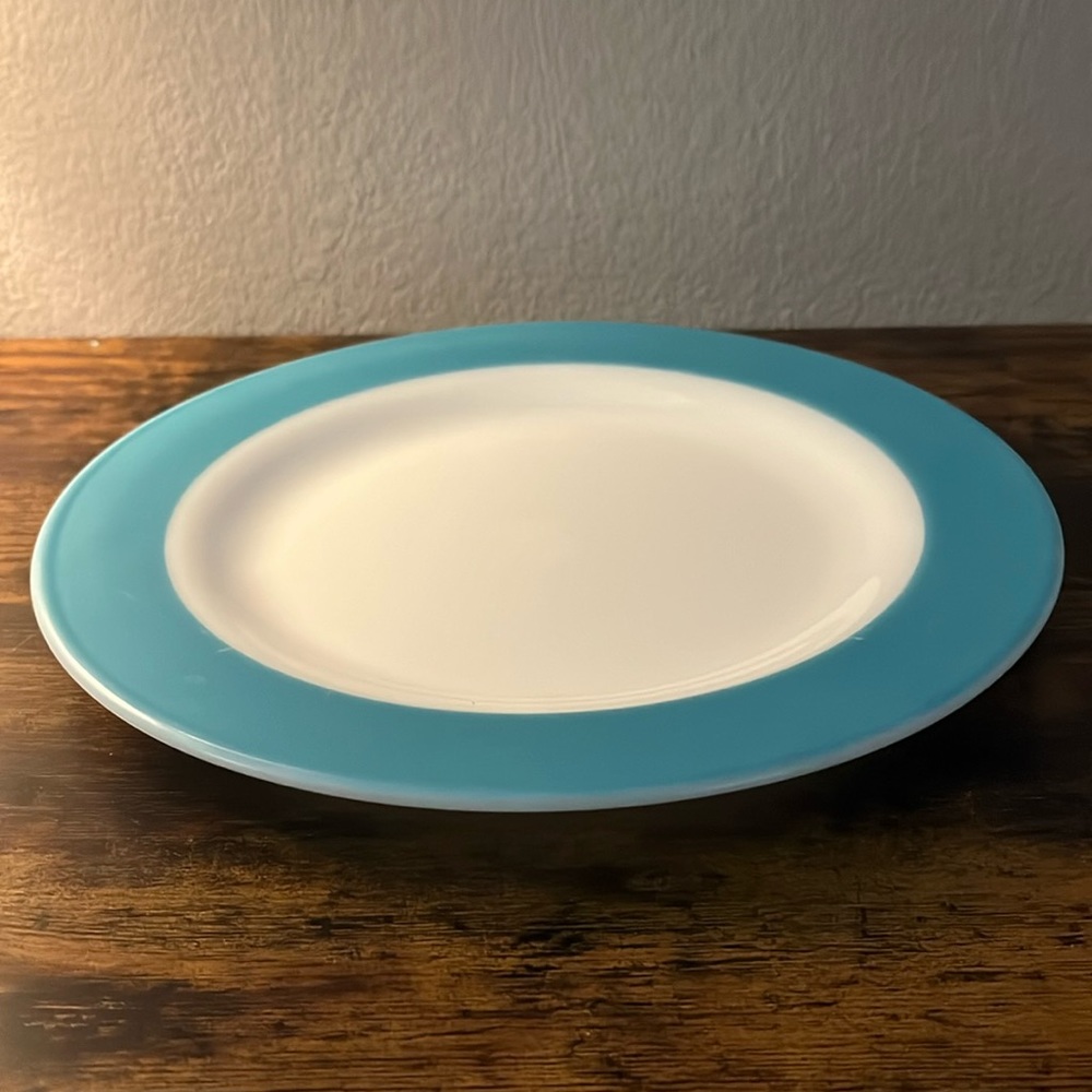 Vintage PYREX Dinner Plate 10in Milk Glass White With Turquoise Teal Blue Band